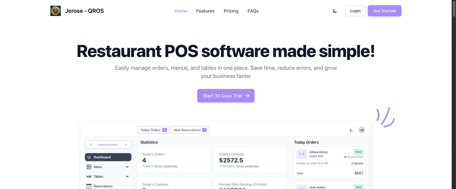 QROS restaurant POS dashboard